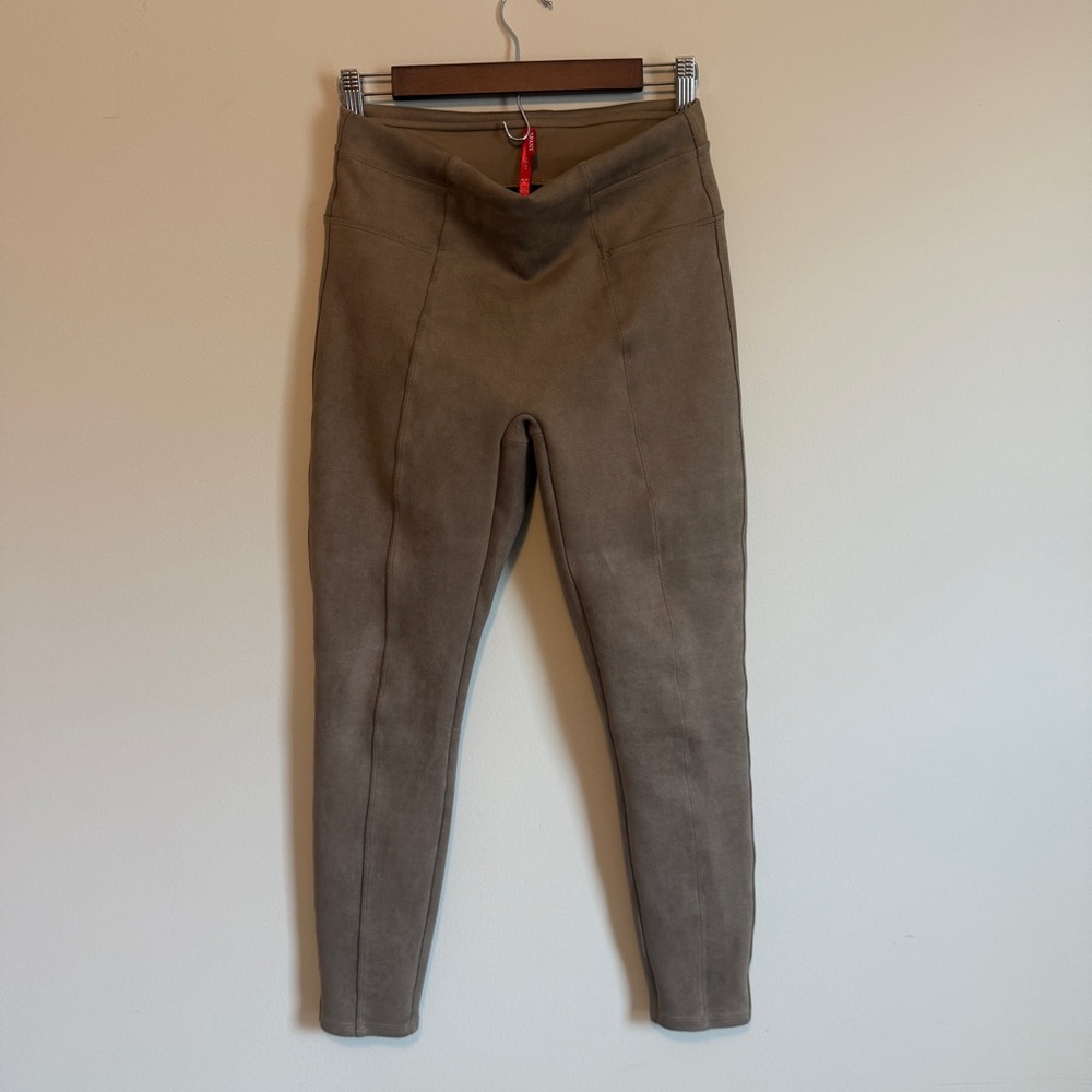 SPANX Faux Suede Leggings Women M PETITE Camel Seamed Pull-on Shaping Pants